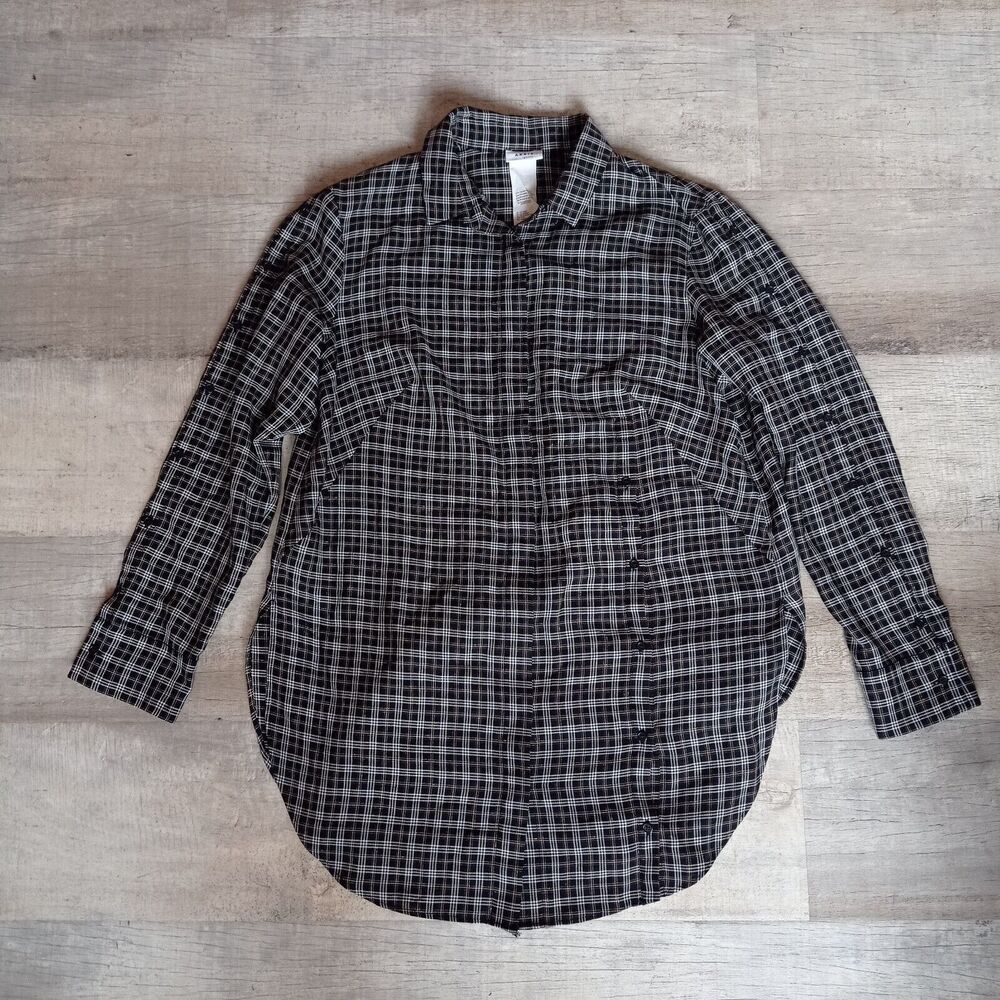 Akris Punto Womens Long Sleeve Button Down Shirt Sz 10 Black White Checkered